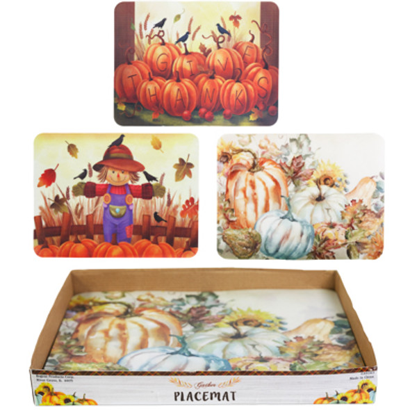 PLACEMAT PLASTIC 3AST HARVEST PRINTS 16X12 IN 36PC PDQ/UPC LBL