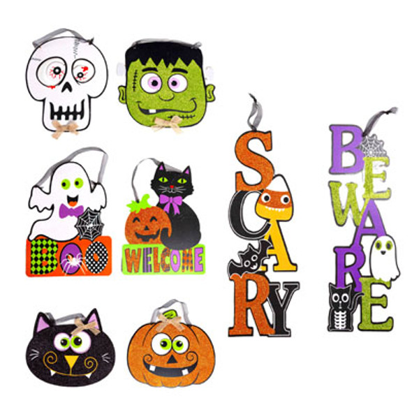 WALL PLAQUE HALLOWEEN GLITTERWHIMISICAL 8AST MDF W/RIBBONHLWN HT WALL PLAQUE HALLOWEEN GLITTERWHIMISICAL 8AST MDF W/RIBBONHLWN HT