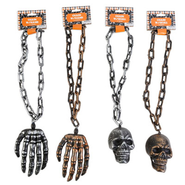 CHAIN W/HAND OR SKULL DANGLE 19-21.5IN SILVER/BRONZE COLORSHALLOWEEN BARBELL