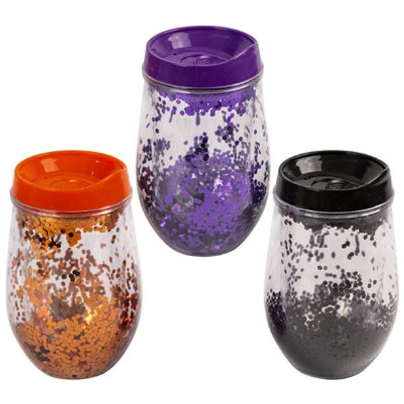 TUMBLER DOUBLE WALL 3AST HLWNW/GLITTER EFFECT HLWN/LABEL 11OZ330ML ORANGE/PURPLE/BLACK