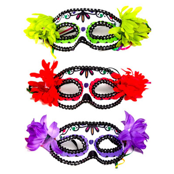 MASK CARNIVALE DAY OF THE DEAD W/POLY FABRIC 3AST W/FLOWER ELASTIC BAND/HLWN TCD MASK CARNIVALE DAY OF THE DEAD W/POLY FABRIC 3AST W/FLOWER ELASTIC BAND/HLWN TCD