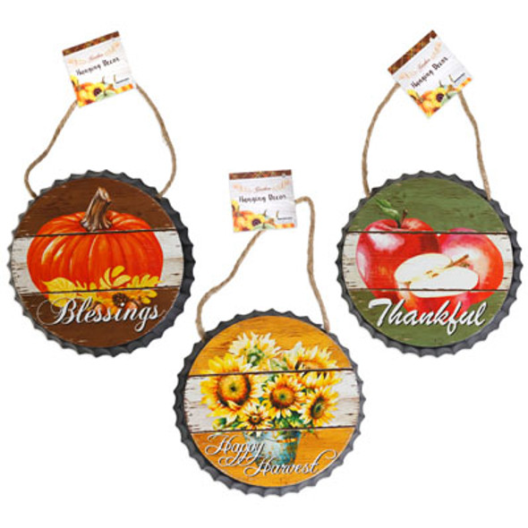 HANGING METAL BOTTLE CAP HARVEST 6IN 3AST DESIGN W/ROPE HANGER/HT