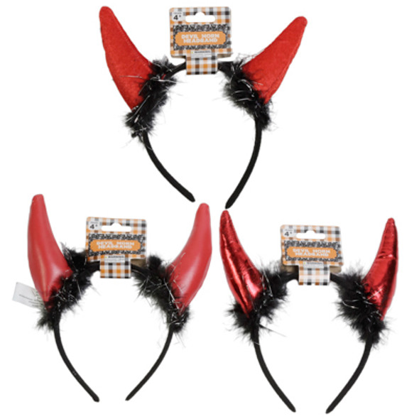 DEVIL HORN HEADBAND 3AST TEXTURE W/FEATHERS & TINSEL PLUSH/SHINY/PLEATHER HLWN BARBELL DEVIL HORN HEADBAND 3AST TEXTURE W/FEATHERS & TINSEL PLUSH/SHINY/PLEATHER HLWN BARBELL