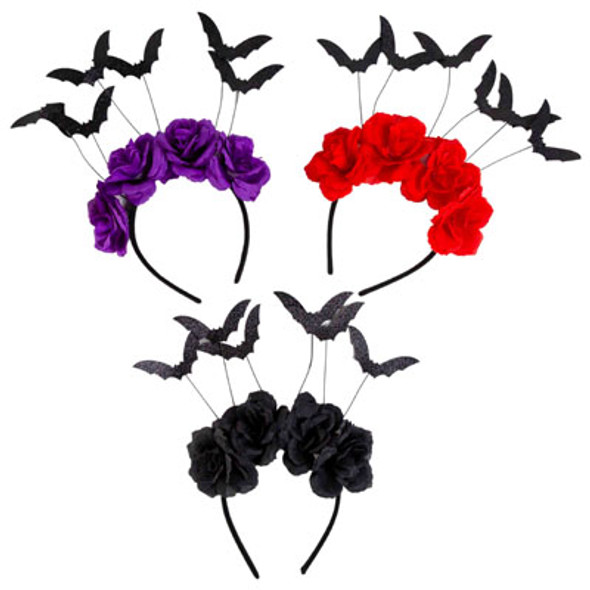 HEADBAND FLOWER W/DANGLING BATS RED/PURPLE/BLACK HLWN TCD HEADBAND FLOWER W/DANGLING BATS RED/PURPLE/BLACK HLWN TCD