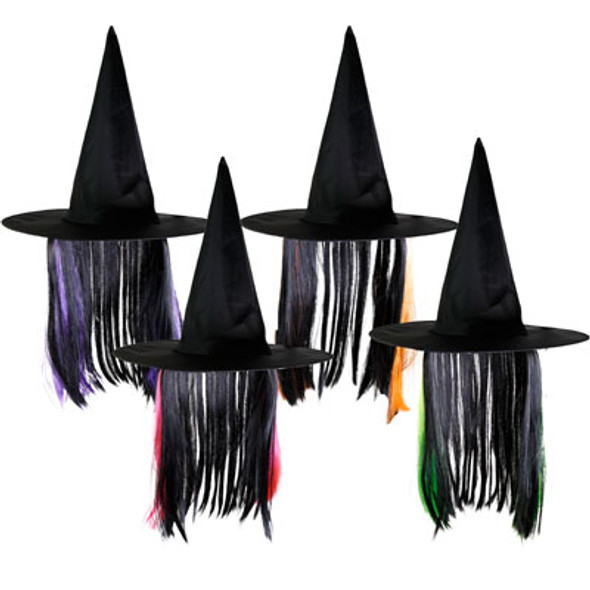 WITCH HAT ADULT SIZE W/HAIR 4AST COLORS 17IN DIA HT/JHOOK WITCH HAT ADULT SIZE W/HAIR 4AST COLORS 17IN DIA HT/JHOOK
