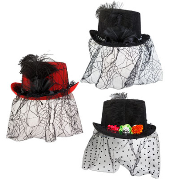 TOP HAT W/VEIL AND FEATHER 3AST HANGTAG/JHOOK ADULT SIZE