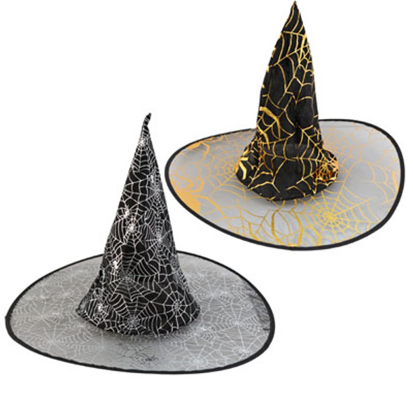 WITCH HAT ADULT 18IN 2AST WEB/SPIDER PATTERNS EA IN GOLD OR SILVER HT/JHOOK WITCH HAT ADULT 18IN 2AST WEB/SPIDER PATTERNS EA IN GOLD OR SILVER HT/JHOOK