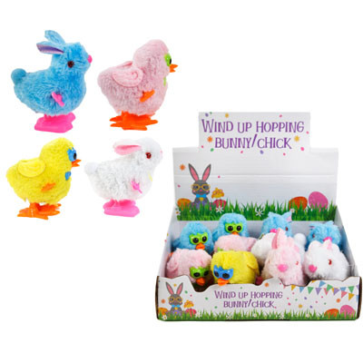 WIND UP HOPPING BUNNY OR CHICK W/GLASSES PLUSH AST COLORS 12PC PDQ W/EASTER HT