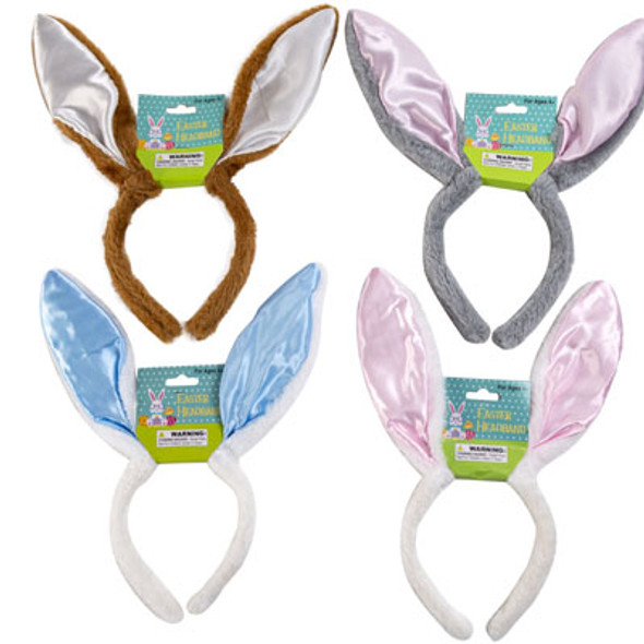 BUNNY EAR HEADBAND PLUSH W/SATIN EAR 4AST COLORS EASTER BARBELL CRD BUNNY EAR HEADBAND PLUSH W/SATIN EAR 4AST COLORS EASTER BARBELL CRD