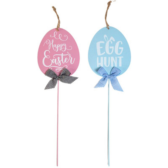 YARD SIGN EASTER METAL 2AST W/CHECKERED BOW 5.5 X 18IN EASTER HT