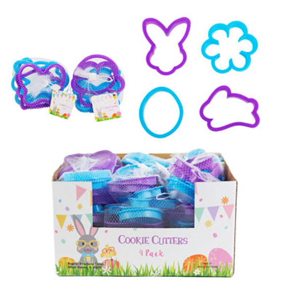 COOKIE CUTTER EASTER 4PC PLASTIC IN NET BAG/HT 27PC PDQ PURPLE/TURQUOISE COLOR ASSORTED SHAPES