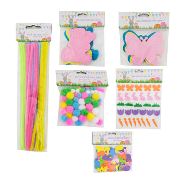 EASTER DIY CRAFT 6 ASSORTED STEMS/POMS/GLITTER SHAPES/STICKERS PBH