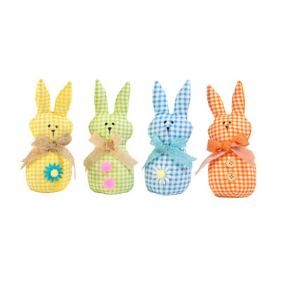 EASTER BUNNY GINGHAM TABLE DECOR FELT BACK 7.5IN 4AST HT/WEIGHTED BOTTOMS