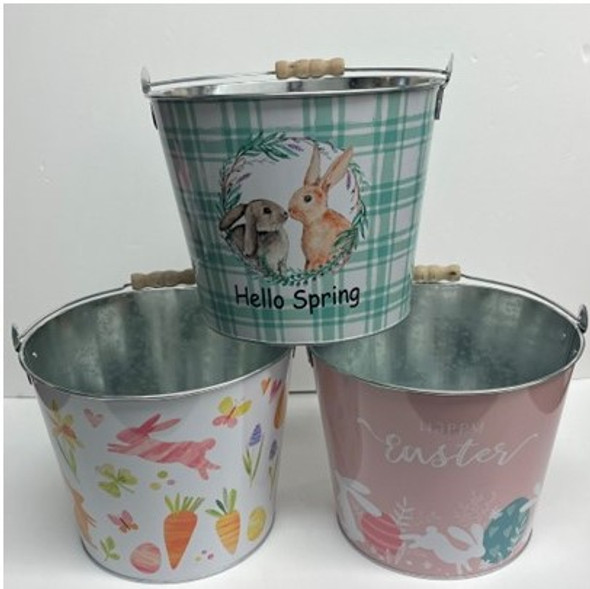 TIN BUCKET W/HANDLE 8.7 DIA X 7.09H 3AST W/WOOD ROLL HANDLE EASTER PRINTS UPC LABEL TIN BUCKET W/HANDLE 8.7 DIA X 7.09H 3AST W/WOOD ROLL HANDLE EASTER PRINTS UPC LABEL