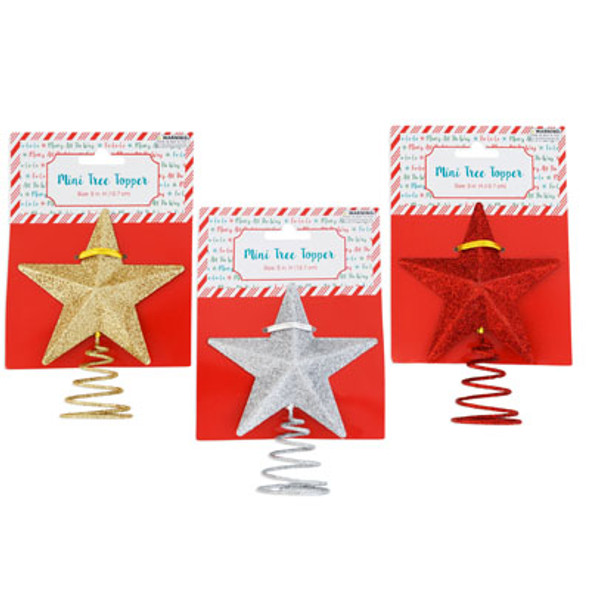 TREE TOPPER MINI GLITTER STAR 3AST GOLD/SILVER/RED 5INH XMAS TCD TREE TOPPER MINI GLITTER STAR 3AST GOLD/SILVER/RED 5INH XMAS TCD