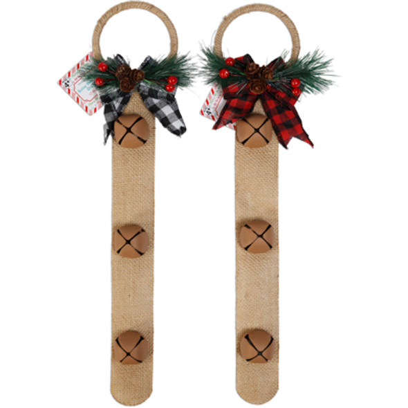 BELL DOOR HANGER 17IN CHRISTMAS 2AST BURLAP W/BUFFALO CHECK BOW & GREENERY/3 BELLS/XMAS HT