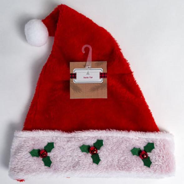 SANTA HAT RED PLUSH W/HOLLY BELLS & WHITE CUFF JHOOK/HT SANTA HAT RED PLUSH W/HOLLY BELLS & WHITE CUFF JHOOK/HT