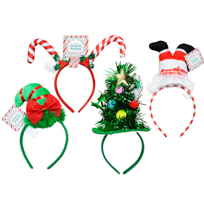 HEADBAND CHRISTMAS 4AST PLUSH SANTA LEGS/TINSEL TREE/CANDYCANES/ELF HAT JHOOK/HT/BARBELL