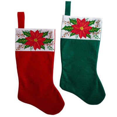 STOCKING POINSETTIA FELT 18.5INW/GLITTER 2AST CLRS HT/JHOOKRED/GREEN