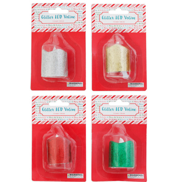 VOTIVE LED GLITTER 1.5IN 4AST COLOR SILVER/RED/GREEN/GOLD XMAS BLC