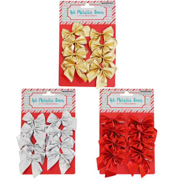 BOW MINI 8CT METALLIC POLYESTER 2.17X2.36IN 3AST CLRS XMAS TCD GOLD/SILVER/RED