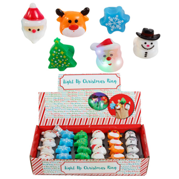 LIGHT UP CHRISTMAS RINGS NOVELTY 6AST IN 24PC PDQ/HANGTAG