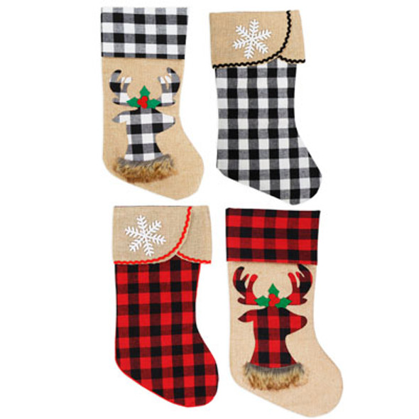STOCKING 18IN 4AST BUFFALO CHECK & BURLAP SNOWFLAKE/REINDEER HT/JHOOK STOCKING 18IN 4AST BUFFALO CHECK & BURLAP SNOWFLAKE/REINDEER HT/JHOOK