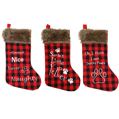 STOCKING PET 3AST BUFFALO CHECK W/FUR CUFF18IN L HANGTAG/JHOOK