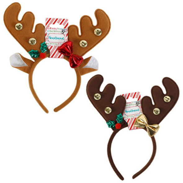 HEADBAND REINDEER ANTLERS 2AST W/BELLS AND BOW XMAS BARBELL