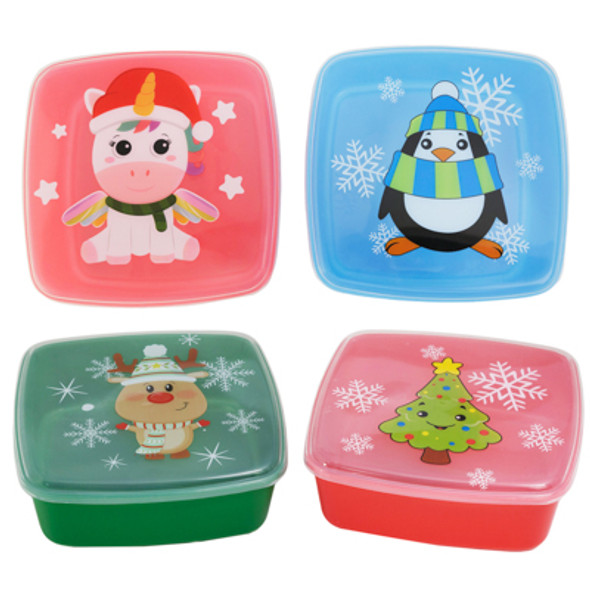 FOOD STORAGE CONTAINER CHRISTMAS SQUARE 4DESIGN/3COLOR PLASTIC 7.28 X 2.76IN FOOD STORAGE CONTAINER CHRISTMAS SQUARE 4DESIGN/3COLOR PLASTIC 7.28 X 2.76IN