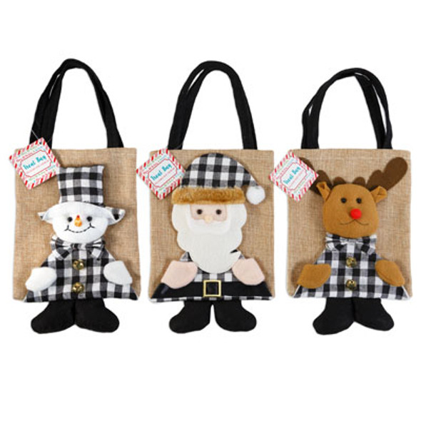 GIFT BAG CHRISTMAS 3AST BURLAP 6.5X8IN W/3D CHARACTERS XMAS HT BUFFALO CHECK