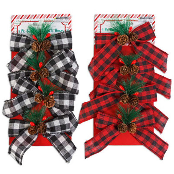 BOW CHRISTMAS BUFFALO CHECK 4PK 2AST W/PINE GREENERY 4X5IN TCD POLYESTER BOW BOW CHRISTMAS BUFFALO CHECK 4PK 2AST W/PINE GREENERY 4X5IN TCD POLYESTER BOW