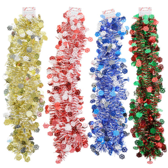 TINSEL GARLAND W/SNOWFLAKE TIPS 4AST 9FT BARBELL TINSEL GARLAND W/SNOWFLAKE TIPS 4AST 9FT BARBELL
