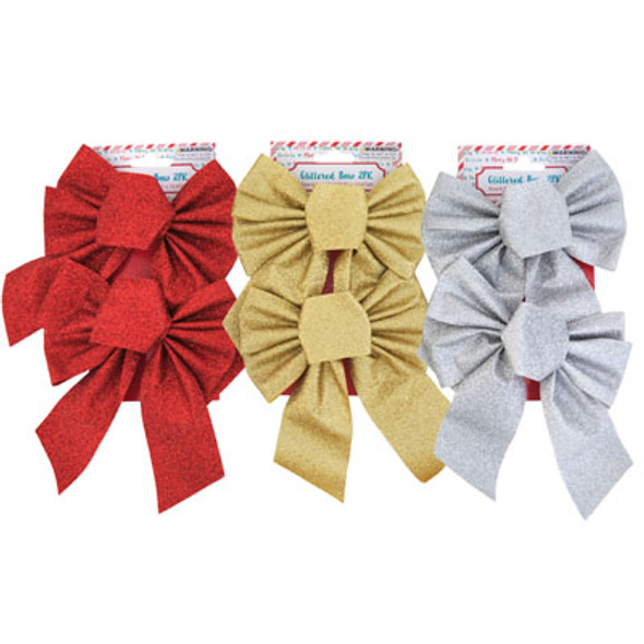 BOW GLITTER 2PK 6.5 X 5.5IN 3AST COLORS RED/SILVER/GOLD TCD BOW GLITTER 2PK 6.5 X 5.5IN 3AST COLORS RED/SILVER/GOLD TCD