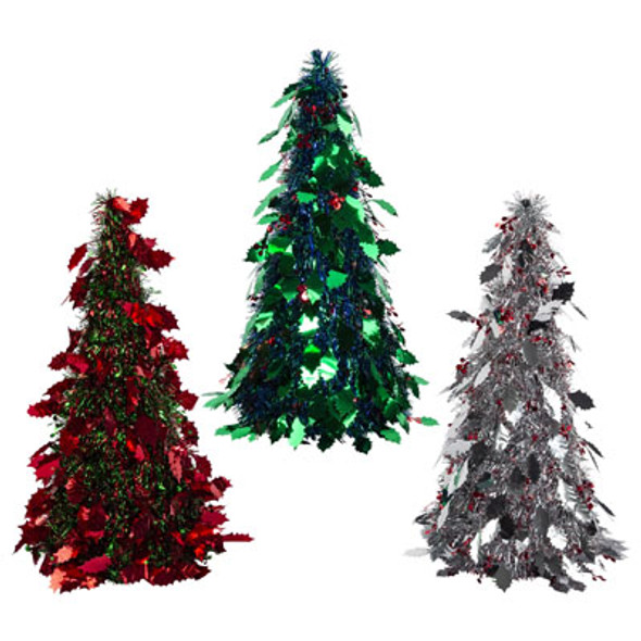 CHRISTMAS TREE TINSEL CONE 18.75IN SILVER/RED/GREEN W/HOLLY LEAF & BERRY ICONS/HT CHRISTMAS TREE TINSEL CONE 18.75IN SILVER/RED/GREEN W/HOLLY LEAF & BERRY ICONS/HT