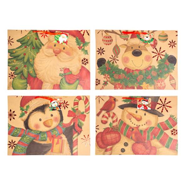 GIFT BAG KRAFT HOTSTAMP XMAS 4AST PRINTS HORIZ 18X13IN W/RIBBON HANDLE UPC LABEL/HOOK