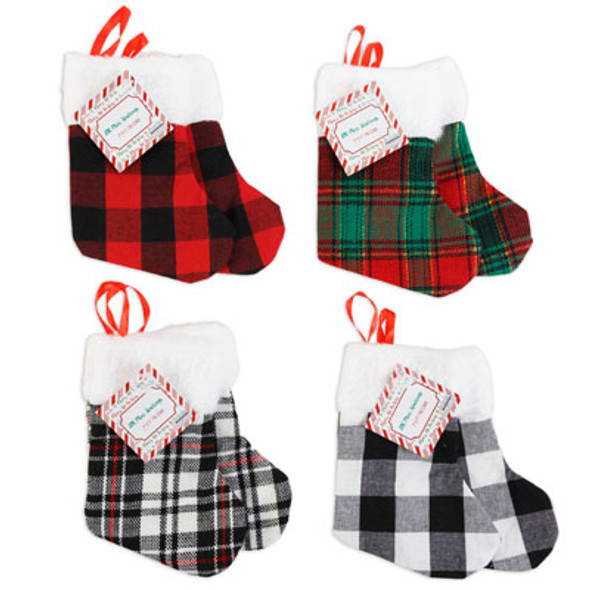 STOCKING MINI 2PK 7IN PLAID/CHECK 4ASST MDSG STRIP INCLUDED XMAS HT/JHOOK