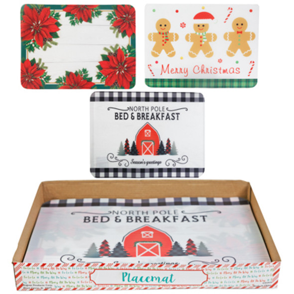 PLACEMAT PLASTIC 3AST CHRISTMAS PRINTS 16X12 36PC PDQ/UPC LABEL PLACEMAT PLASTIC 3AST CHRISTMAS PRINTS 16X12 36PC PDQ/UPC LABEL