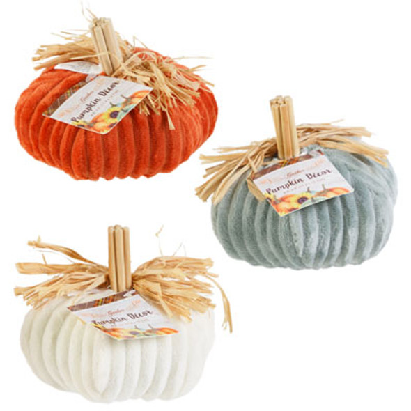 PUMPKIN STUFFED CHENILLE PLUSH W/TWIG STEM & RAFFIA 4.5X5IN 3AST CLRS HARV HT PUMPKIN STUFFED CHENILLE PLUSH W/TWIG STEM & RAFFIA 4.5X5IN 3AST CLRS HARV HT