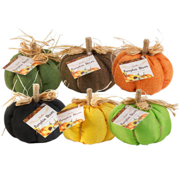 PUMPKIN BURLAP STUFFED 6AST CLRS W/TWINE & RAFFIA 4X5IN HARV HT PUMPKIN BURLAP STUFFED 6AST CLRS W/TWINE & RAFFIA 4X5IN HARV HT
