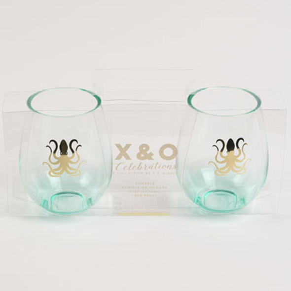 WINE STEMLESS 15OZ ACRYLIC GREEN SET OF 2 GOLD OCTOPUS *17.99*ACETATE BOXED
