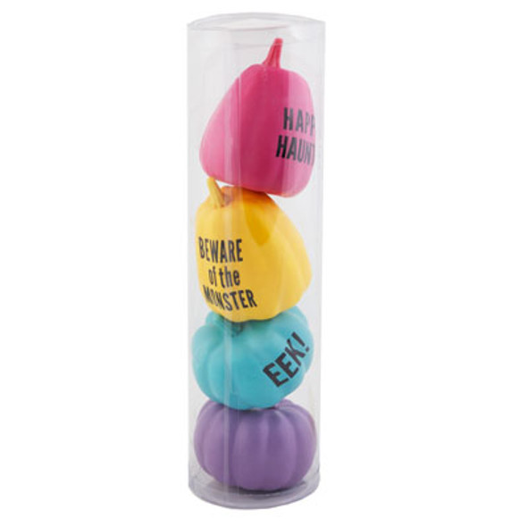 SMALL PUMKINS 4PK IN PLASTIC TUBE ASSORTED COLORS *3.00*