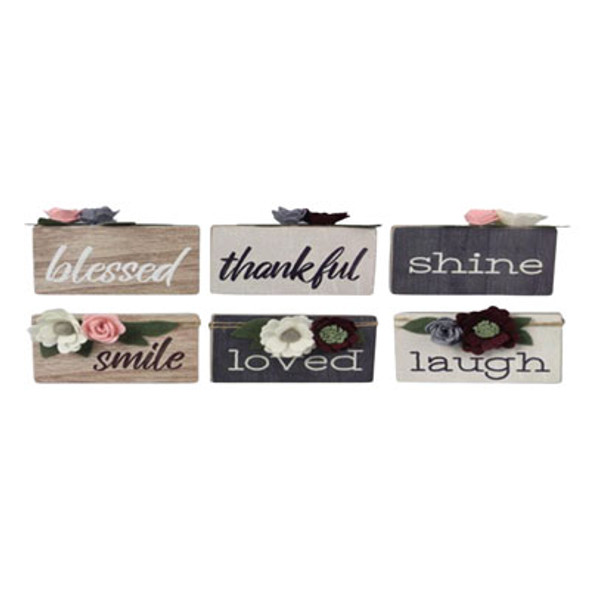 BLOCK SIGN FELT FLOWER ACCENT WOOD 6ASST 5X1.25X3