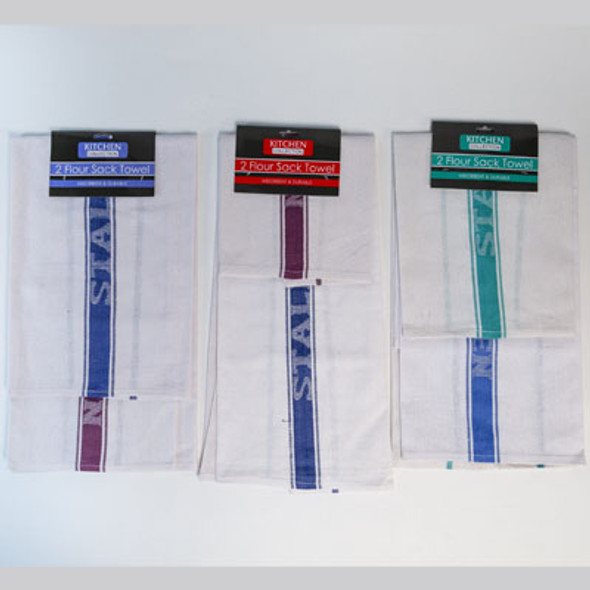KITCHEN TOWEL 2PK FLOUR SACK19X29 WHITE W/COLOR STRIPE#STAL28583   3 ASST