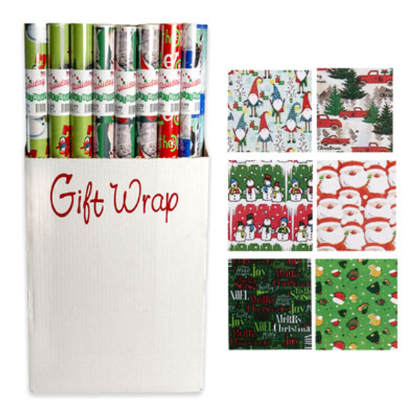 GIFT WRAP CHRISTMAS 40 SQ FT 6 ASSTD 40 IN WIDE PP $3.99 1.5 INCH CORE MADE IN USA
