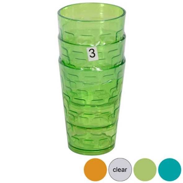 TUMBLERS GLASS-LOOK 4 COLORS 3PK 8 OZ IN A WHITE PDQ