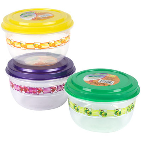 FOOD STORAGE CONTAINER 48 OZ ROUND 3 COLOR LIDS WITH PRINTED BOTTOM #FIESTA 1500 FOOD STORAGE CONTAINER 48 OZ ROUND 3 COLOR LIDS WITH PRINTED BOTTOM #FIESTA 1500