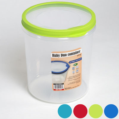 FOOD STORAGE CONTAINER ROUND 4 COLOR RUBBER RIM ON LID 6.7 DIA X 6.5H