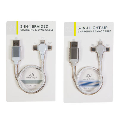 CHARGING CABLE 3IN1 FT ASST BRAIDED / LIGHT UP *5.00*