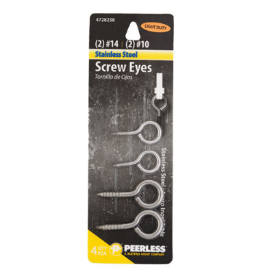 SCREW EYES 4PK PEERLESS 2- #14, 2-#10 CARDED